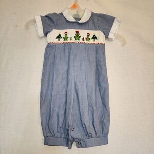 Be Mine Smocked Baby Bubble Romper With  Christmas Frog & Tree Design Sz 3 Month